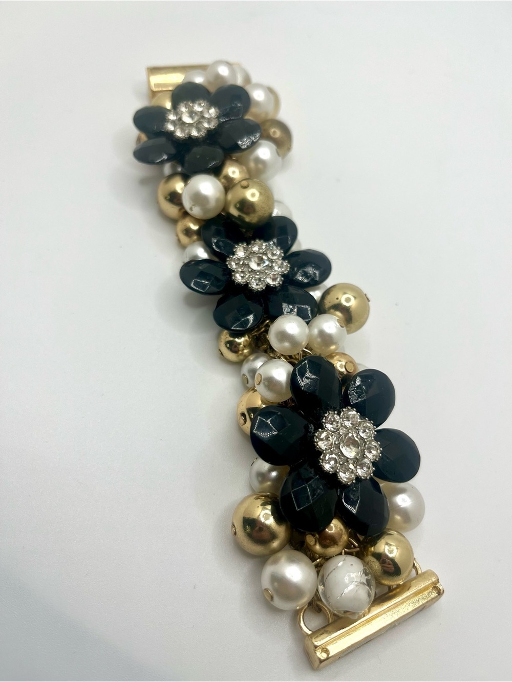 vintage black flower bracelet faux pearl gold tone statement bracelet